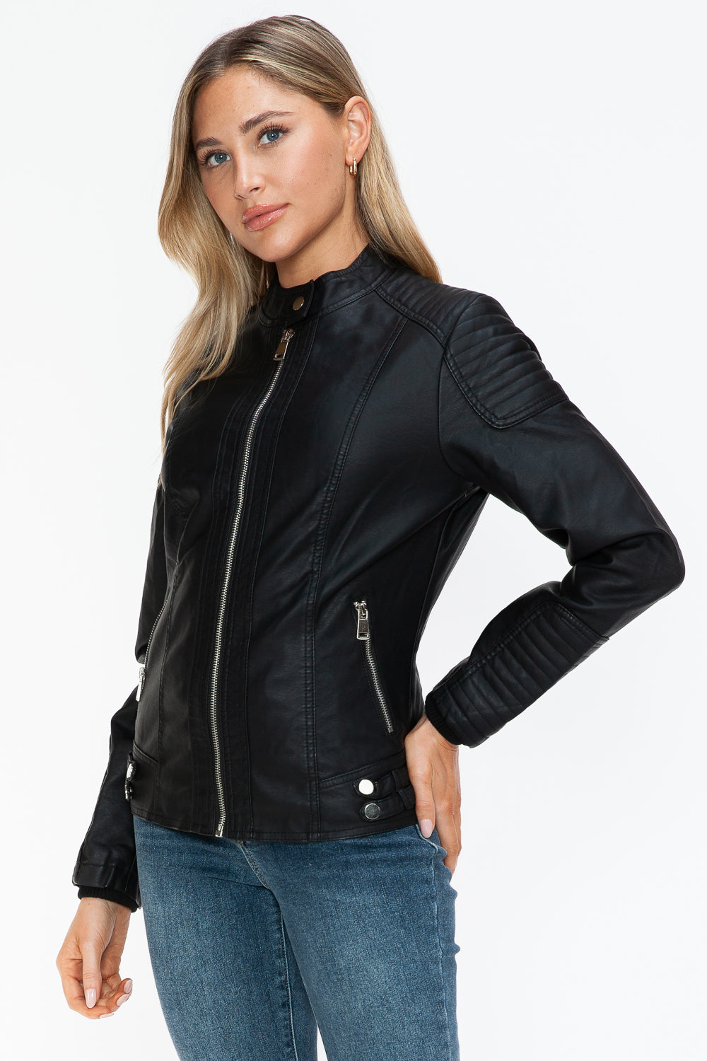 TFE:Snobbish Faux Leather Biker Jacket with Side Zip Pockets