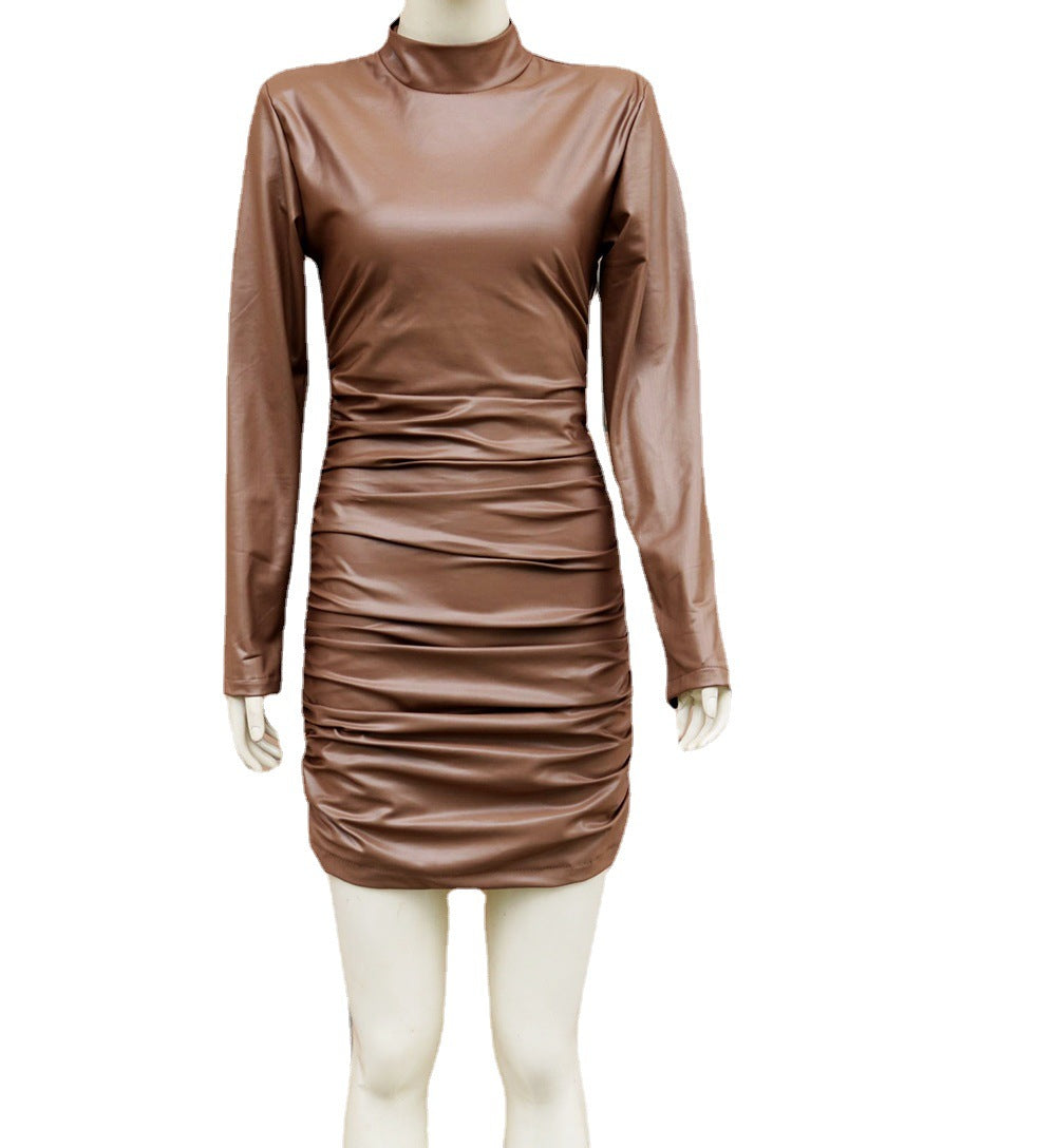 TFE: Midnight Muse: Faux Leather Stand Collar Sheath Dress