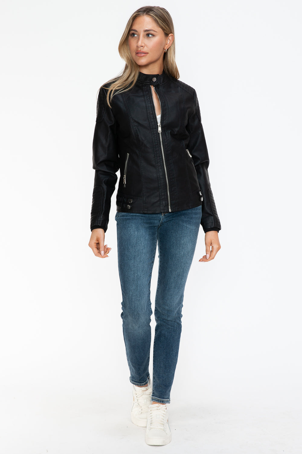 TFE:Snobbish Faux Leather Biker Jacket with Side Zip Pockets