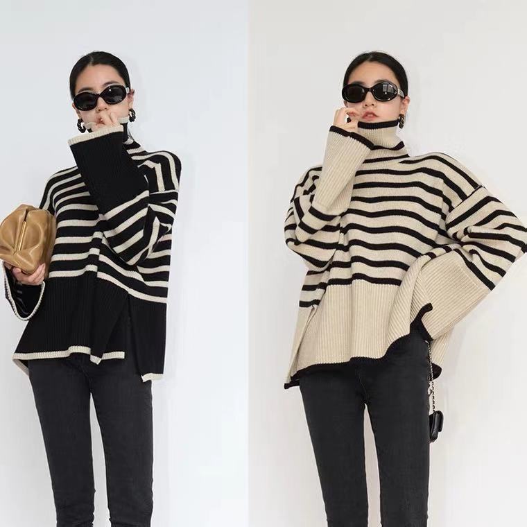 TFE: Women's Fashion Casual Loose Striped Turtleneck Sweater