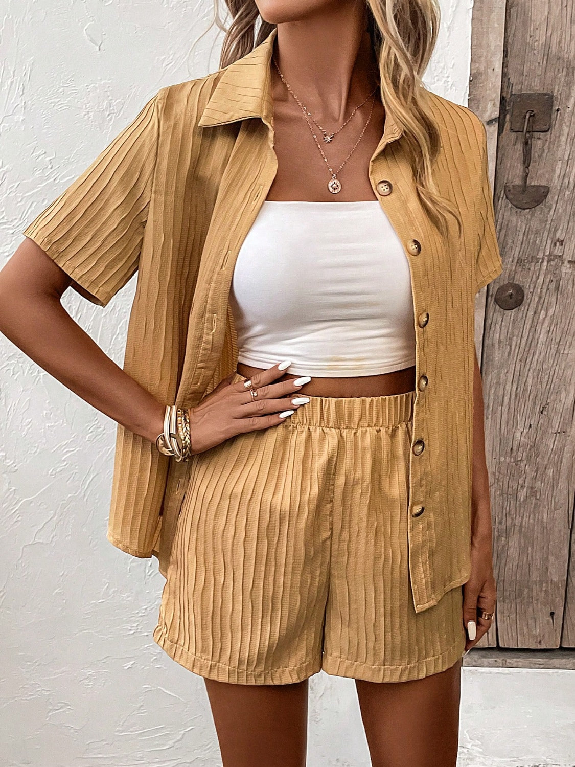 TFE: Sunrise Serenity Textured Shirt & Shorts Ensemble