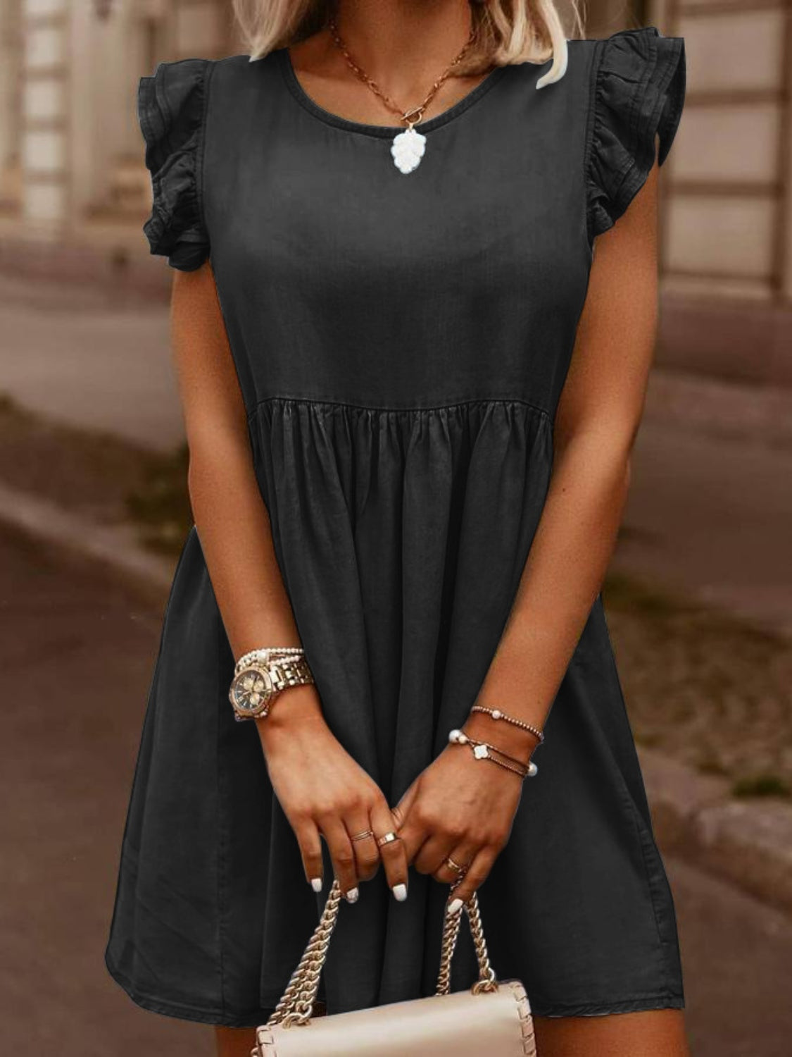 TFE: Full Size Ruffled Round Neck Cap Sleeve Denim Dress