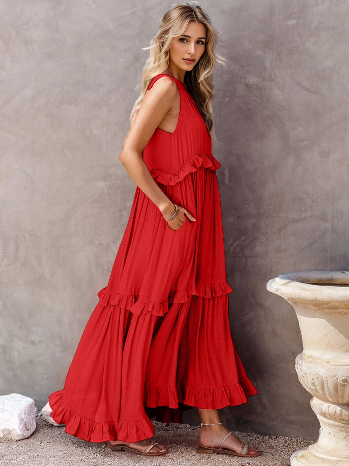 TFE: Ruffled Sleeveless Tiered Maxi Dress with Pockets