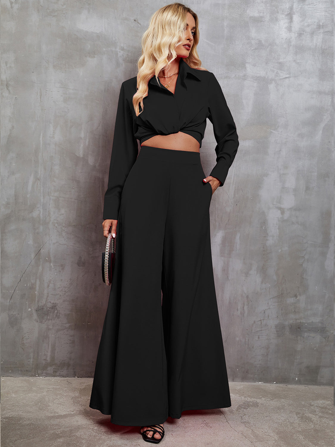 TFE: Collared Neck Long Sleeve Top and Wide Leg Pants Set