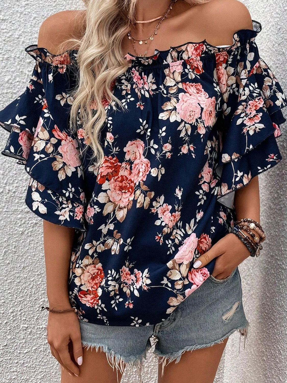 TFE: Printed Off-Shoulder Flounce Sleeve Blouse