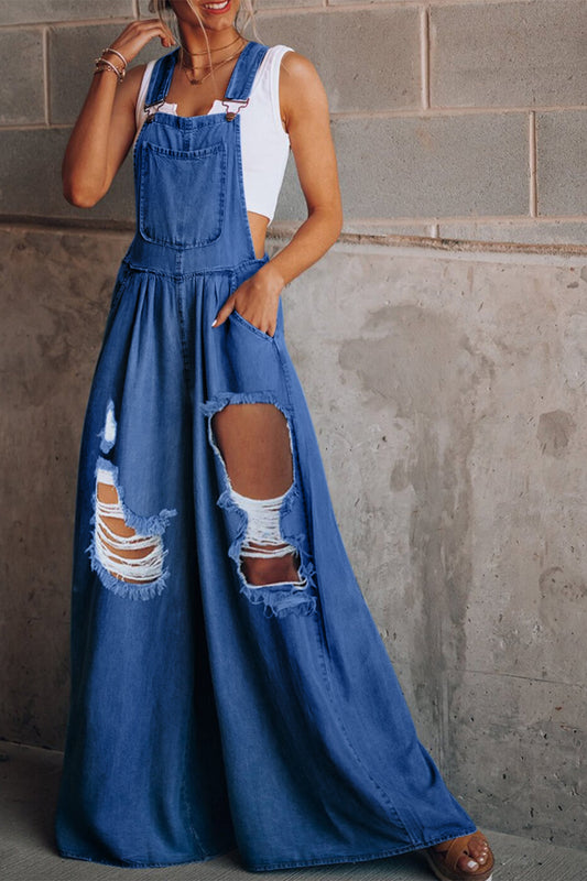 TFE: Distressed Wide Leg Denim Overalls