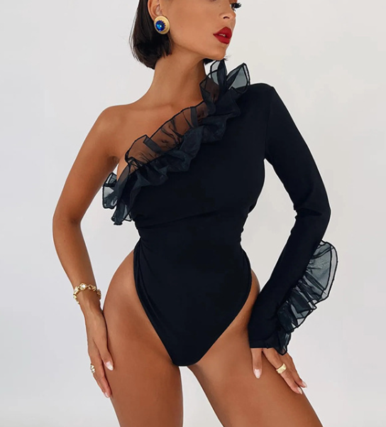 TFE: Whispering Breeze Mesh Ruffle One-Shoulder Elegance