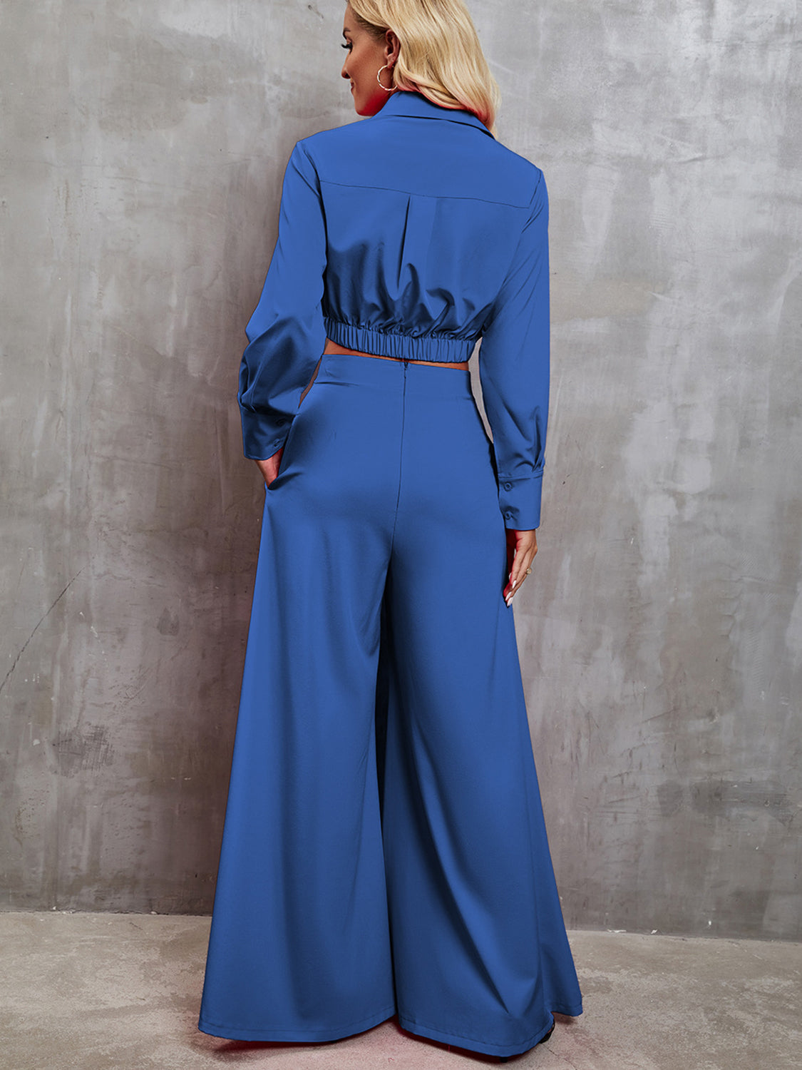 TFE: Collared Neck Long Sleeve Top and Wide Leg Pants Set