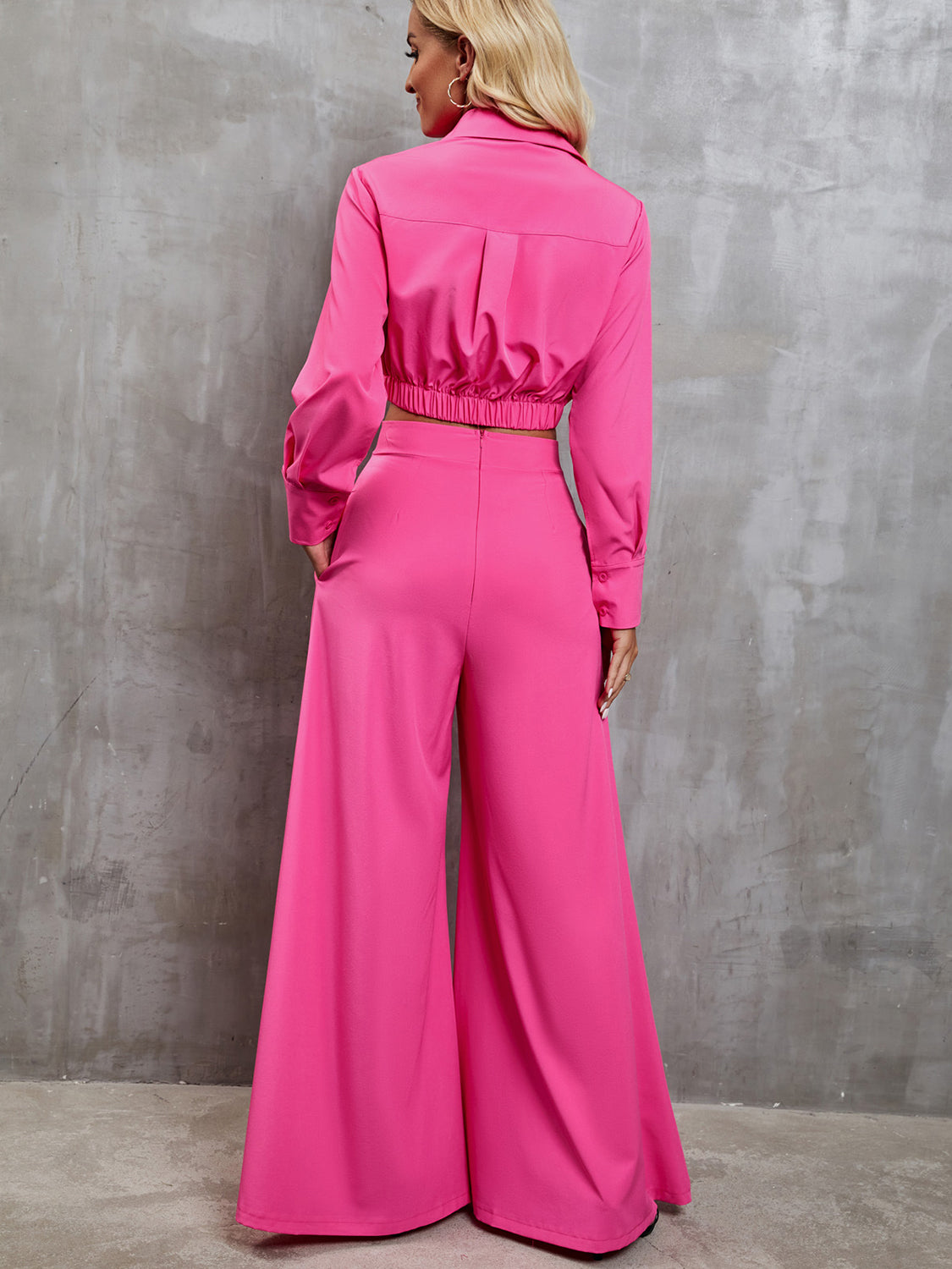 TFE: Collared Neck Long Sleeve Top and Wide Leg Pants Set