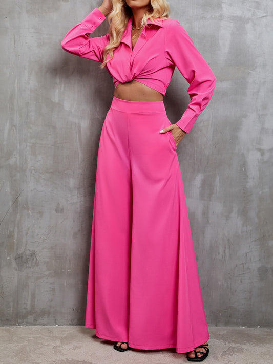 TFE: Collared Neck Long Sleeve Top and Wide Leg Pants Set