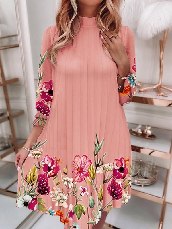 TFE: Whimsical Cascade Printed Pleated Sleeve Pullover Dress