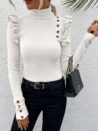 TFE: Long Sleeve Sweater Blouse with Stylish Ribbed Details and Chic Button Accents