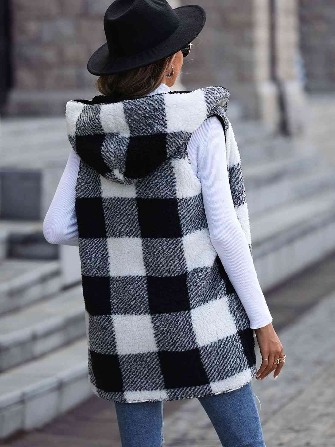 TFE: Vest with Pockets and a Hood featuring a Plaid Pattern.