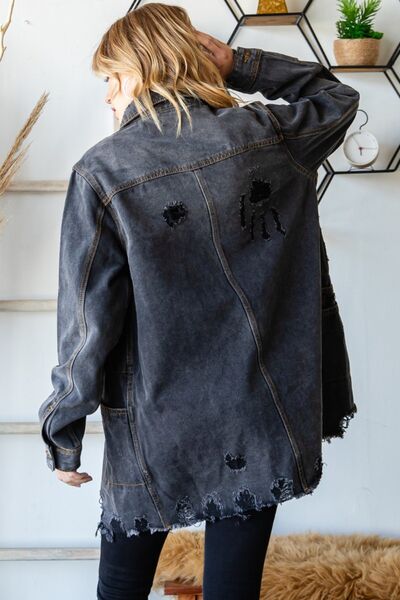 TFE: Veveret Button Up Distressed Frayed Hem Denim Jacket