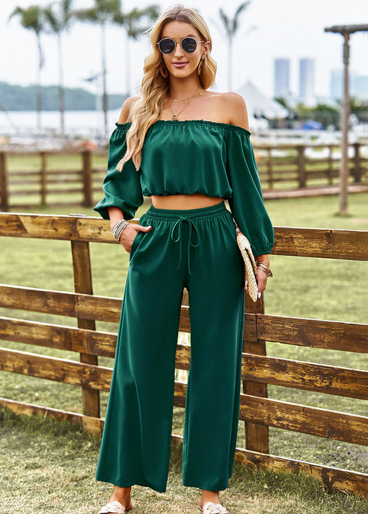 TFE: Stylish Off-Shoulder Blouse with Coordinating Drawstring Waist Pants Ensemble