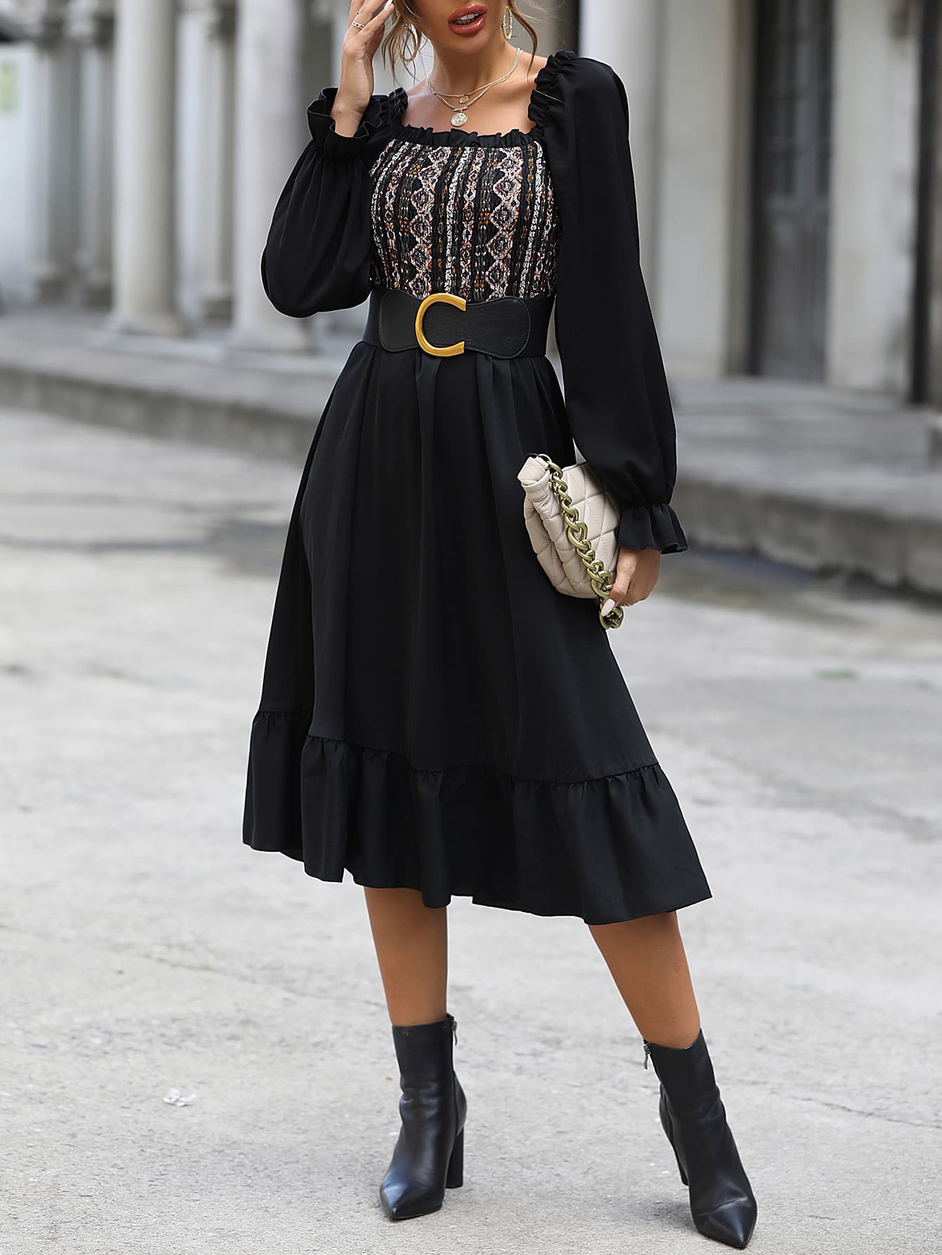 TFE: Chic Midi Dress with Flirty Off-Shoulder Design and Stylish Printed Flounce Sleeves