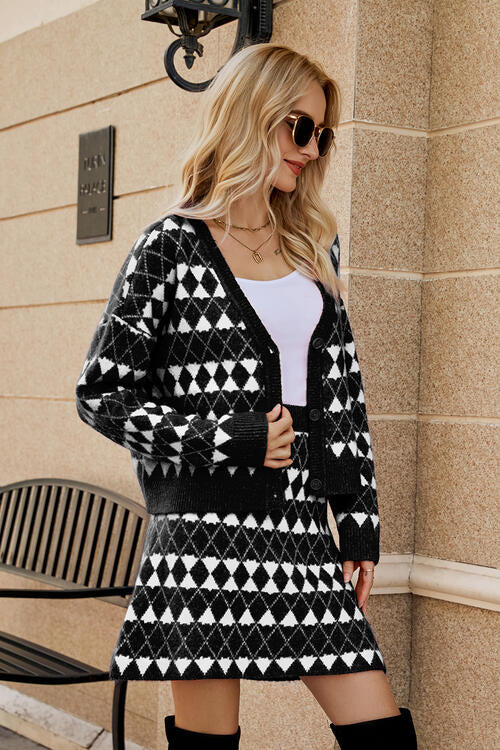 TFE: Geometric Button Front Cardigan and Skirt Set