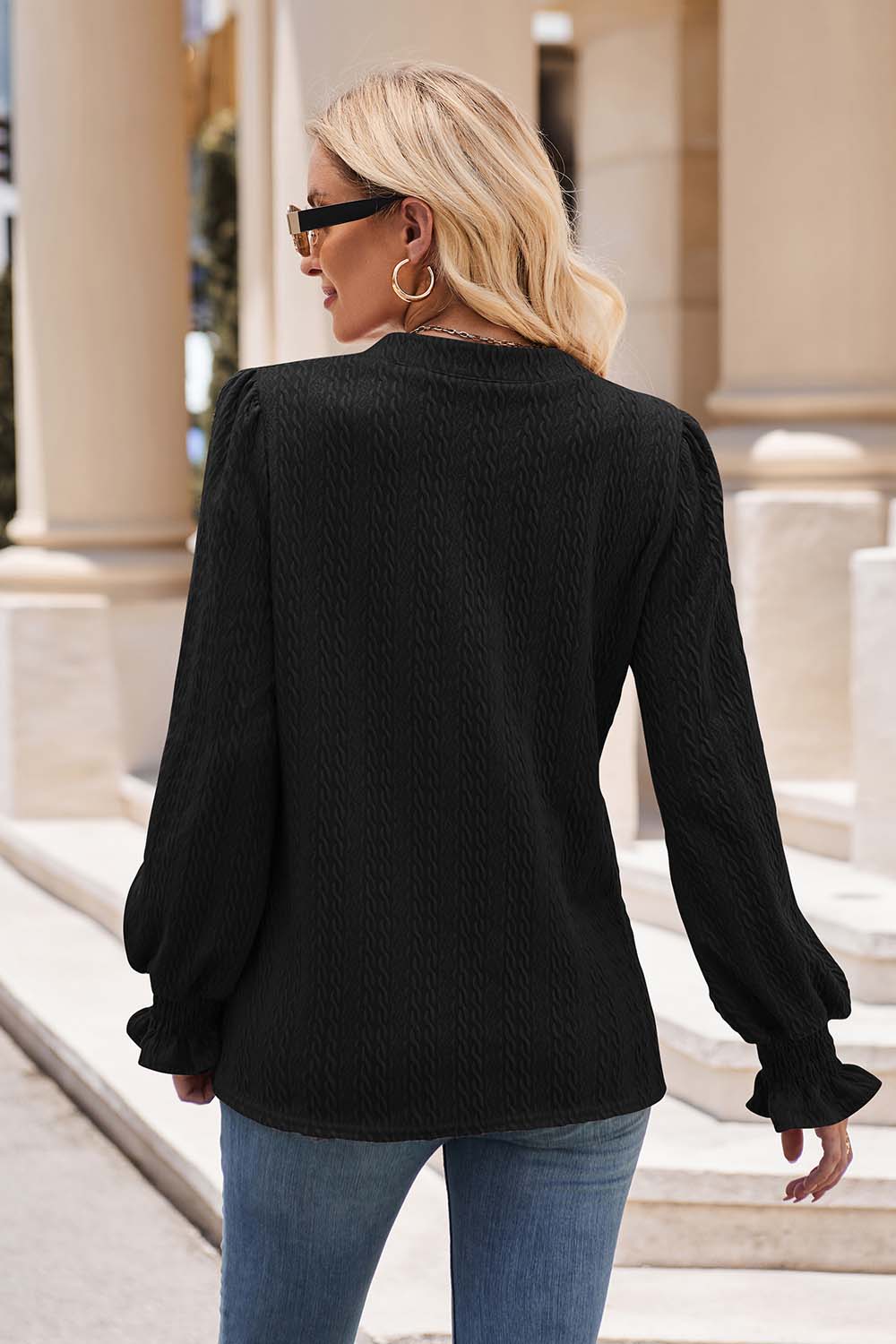 TFE: Chic Flounce Sleeve Blouse with a Stylish Notched Neckline