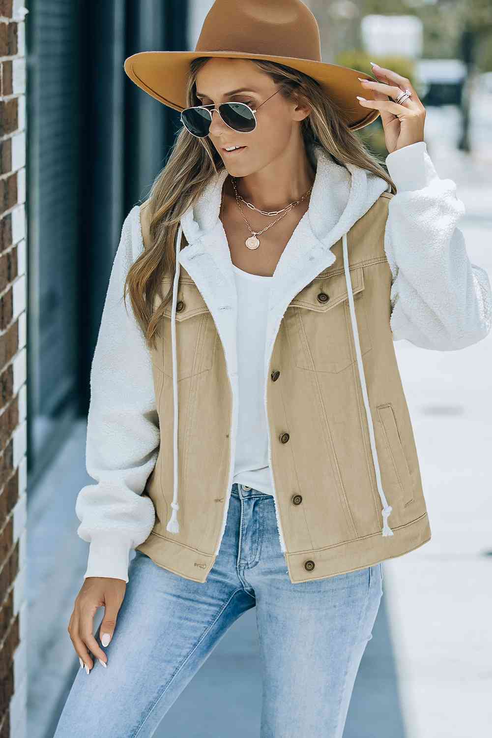 TFE: Two-Tone Spliced Denim Sherpa Hooded Jacket