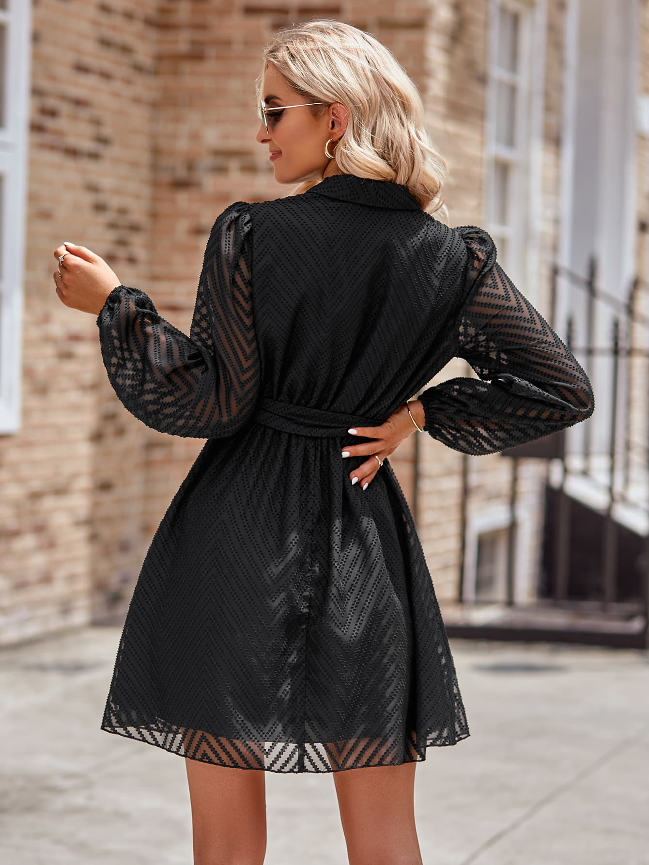 TFE: Chic Long Sleeve Mini Dress with a Stylish Surplice Neck and Belt