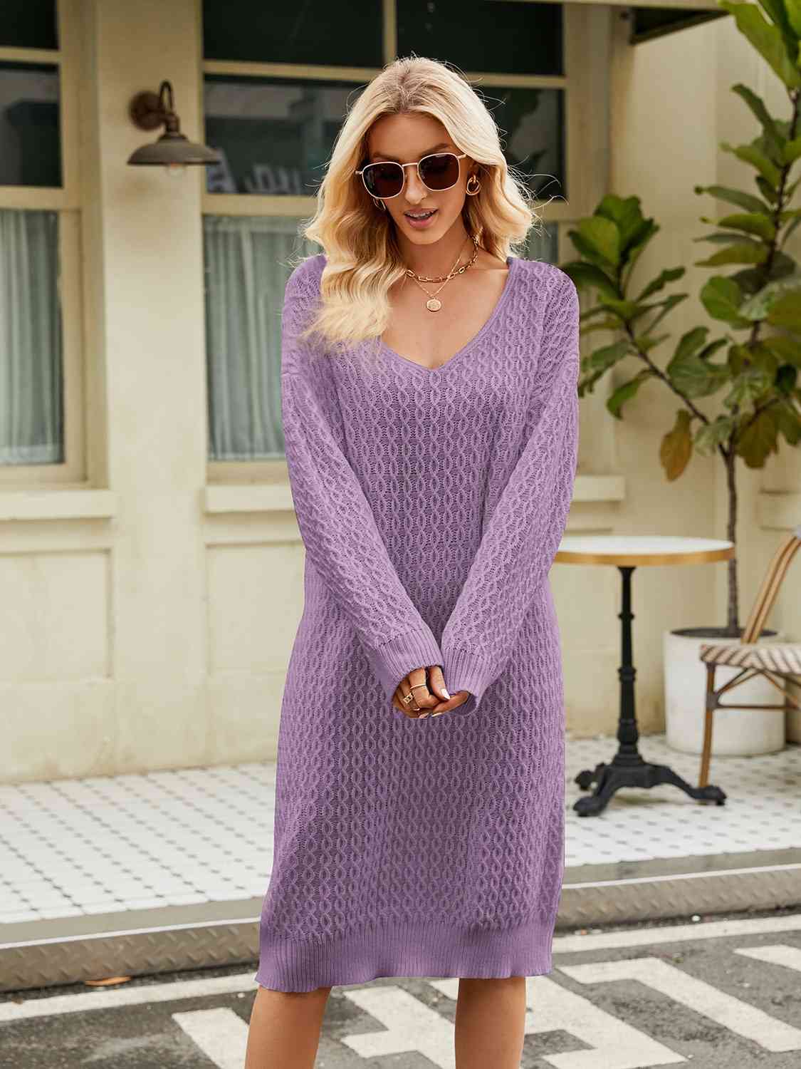 TFE: Svelte Serenity V-Neck Long Sleeve Sweater Dress