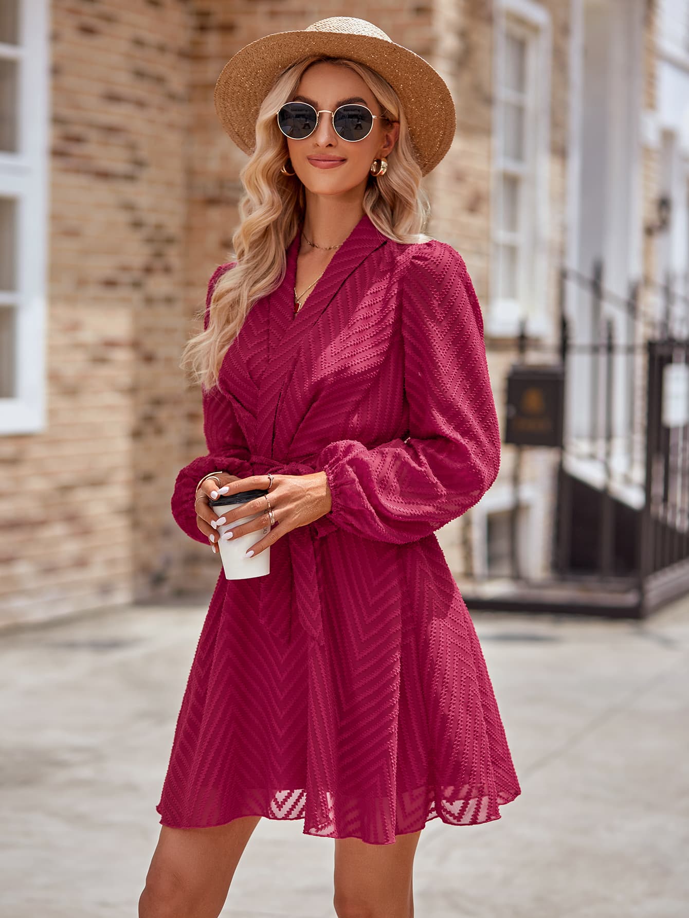 TFE: Chic Long Sleeve Mini Dress with a Stylish Surplice Neck and Belt