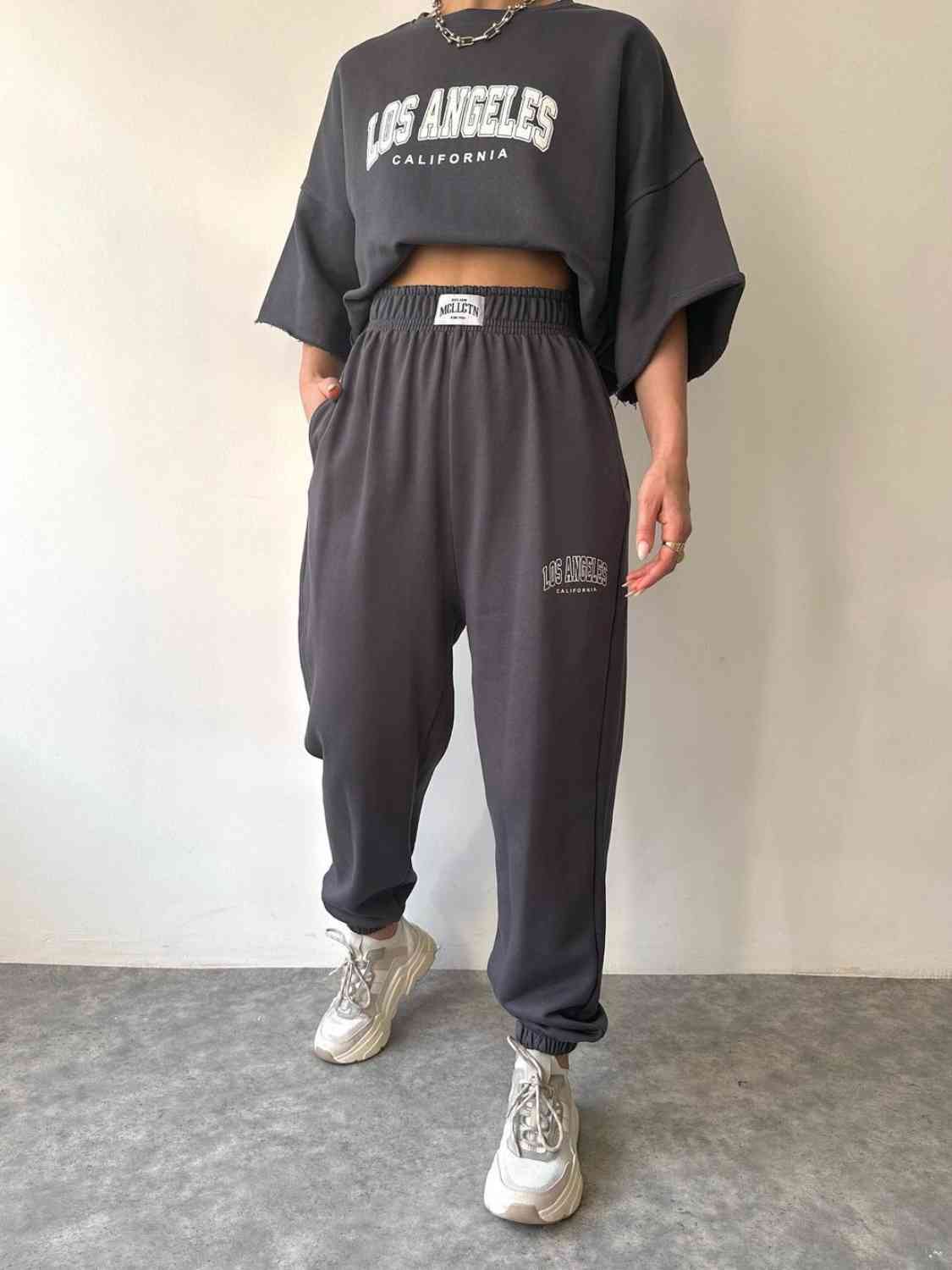 TFE: Matching sweatshirt and sweatpants set featuring LOS ANGELES CALIFORNIA graphic