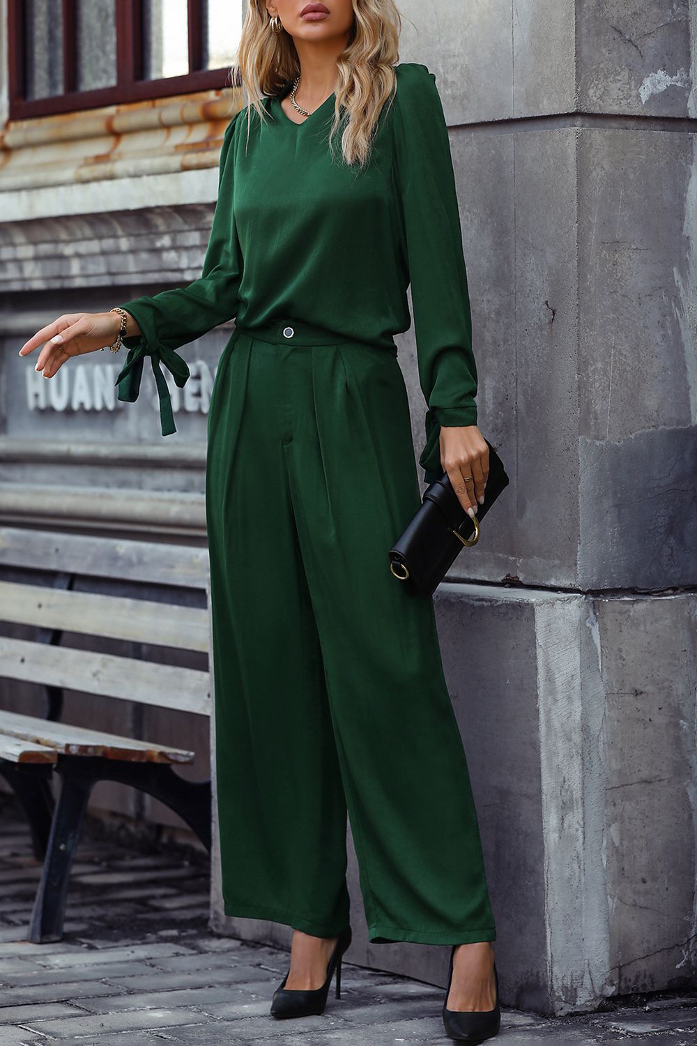 TFE: Chic V-Neck Long Sleeve Top and Flowing Wide Leg Pants Ensemble