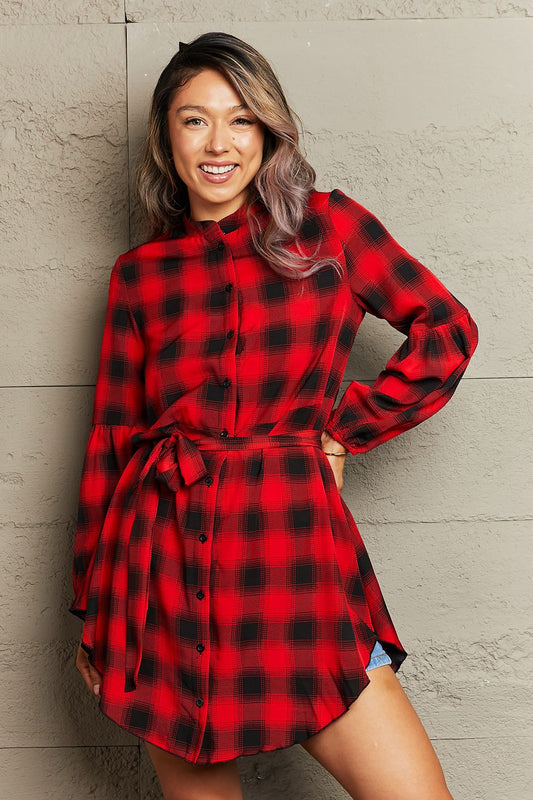 TFE: Chic Checkered Top Sweater  Dress with a Stylish Waist Tie and Playful Balloon Sleeves