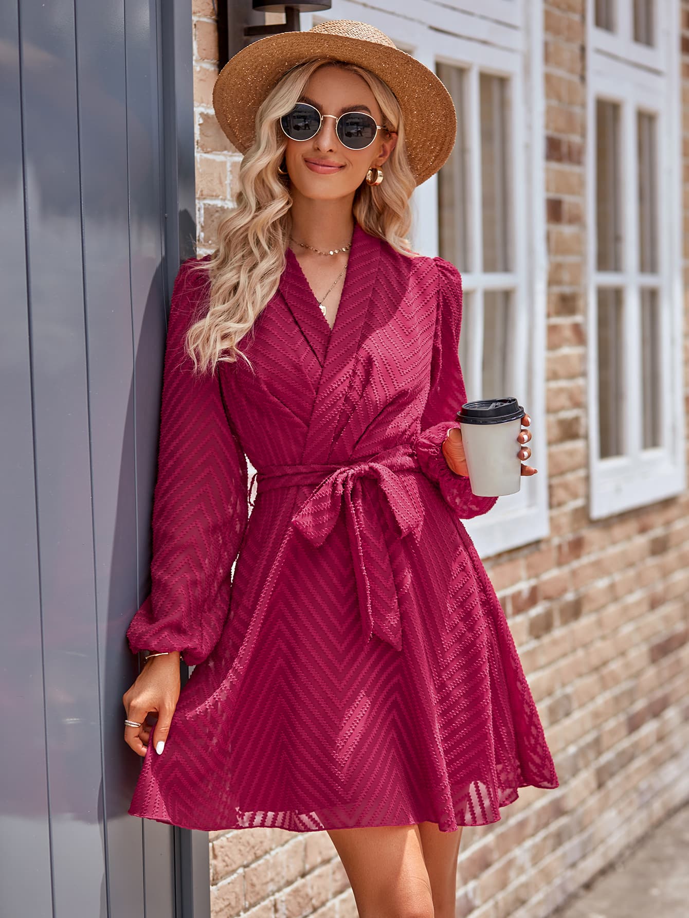 TFE: Chic Long Sleeve Mini Dress with a Stylish Surplice Neck and Belt