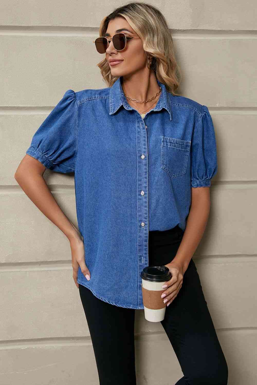 TFE: Puff Sleeve Collared Denim Top