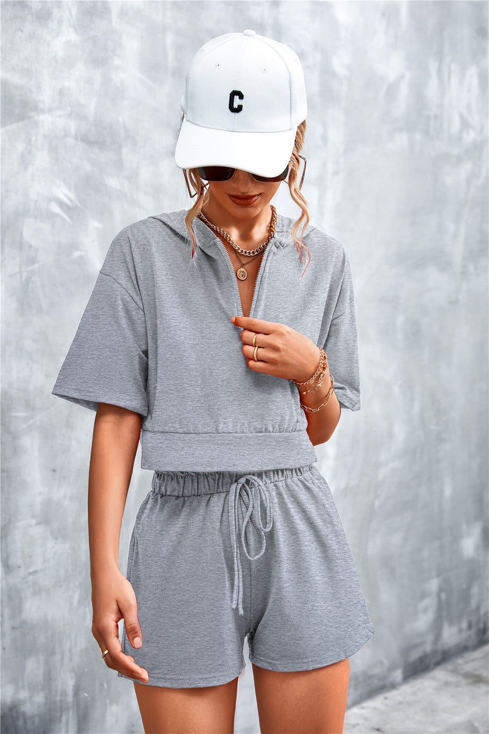 TFE: Chic Half-Zip Cropped Hoodie Tee with Coordinated Shorts Sets Ensemble