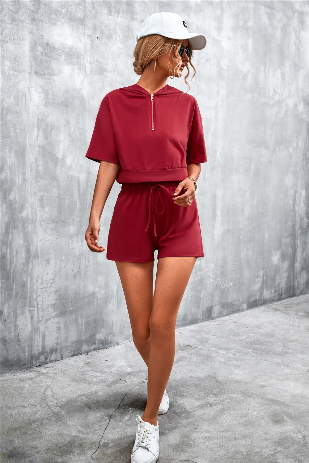 TFE: Chic Half-Zip Cropped Hoodie Tee with Coordinated Shorts Sets Ensemble