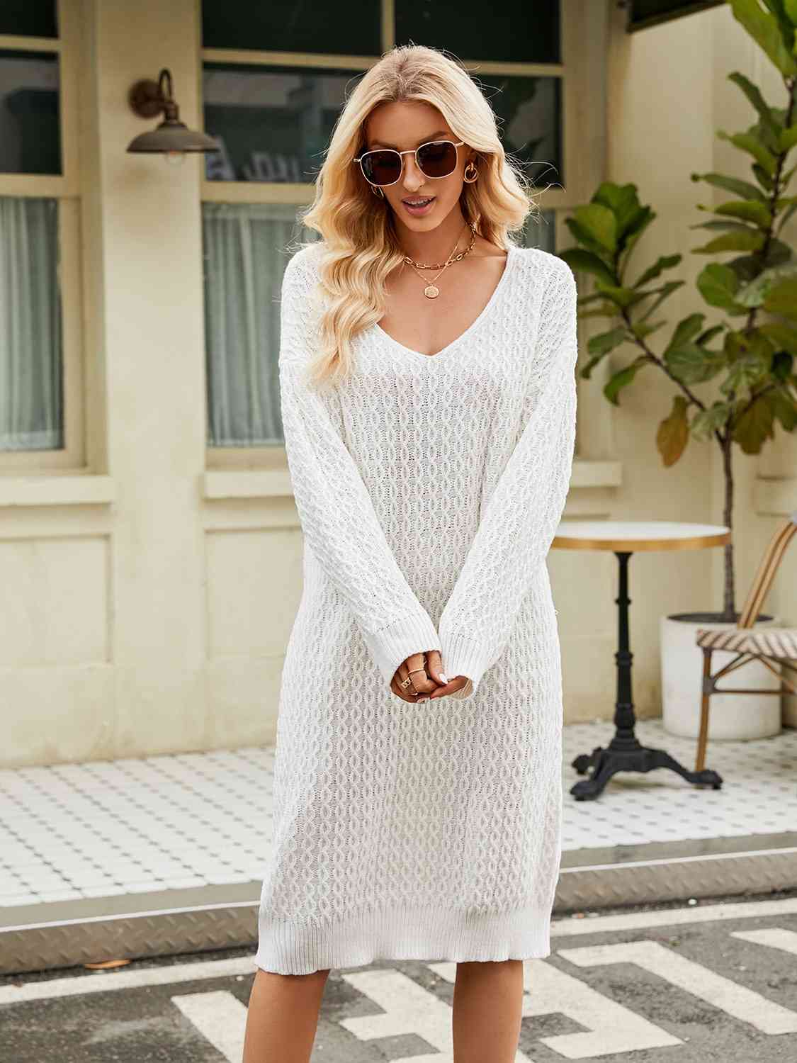 TFE: Svelte Serenity V-Neck Long Sleeve Sweater Dress