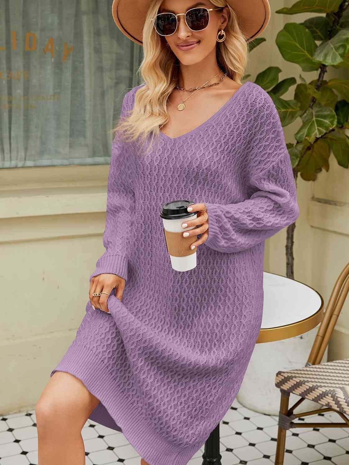 TFE: Svelte Serenity V-Neck Long Sleeve Sweater Dress