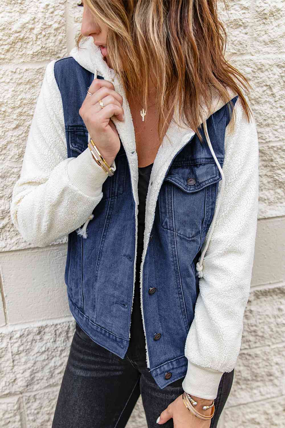 TFE: Two-Tone Spliced Denim Sherpa Hooded Jacket