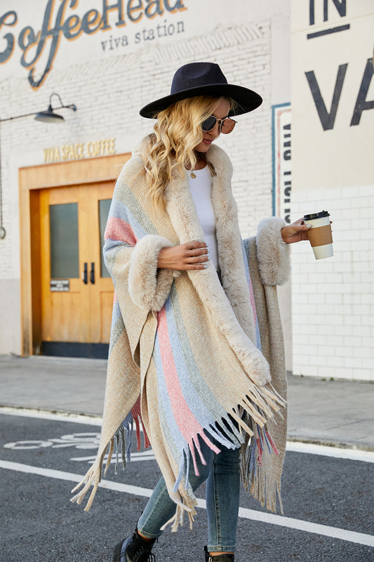 TFE: Vibrant Fringe-Accented Color Block Poncho