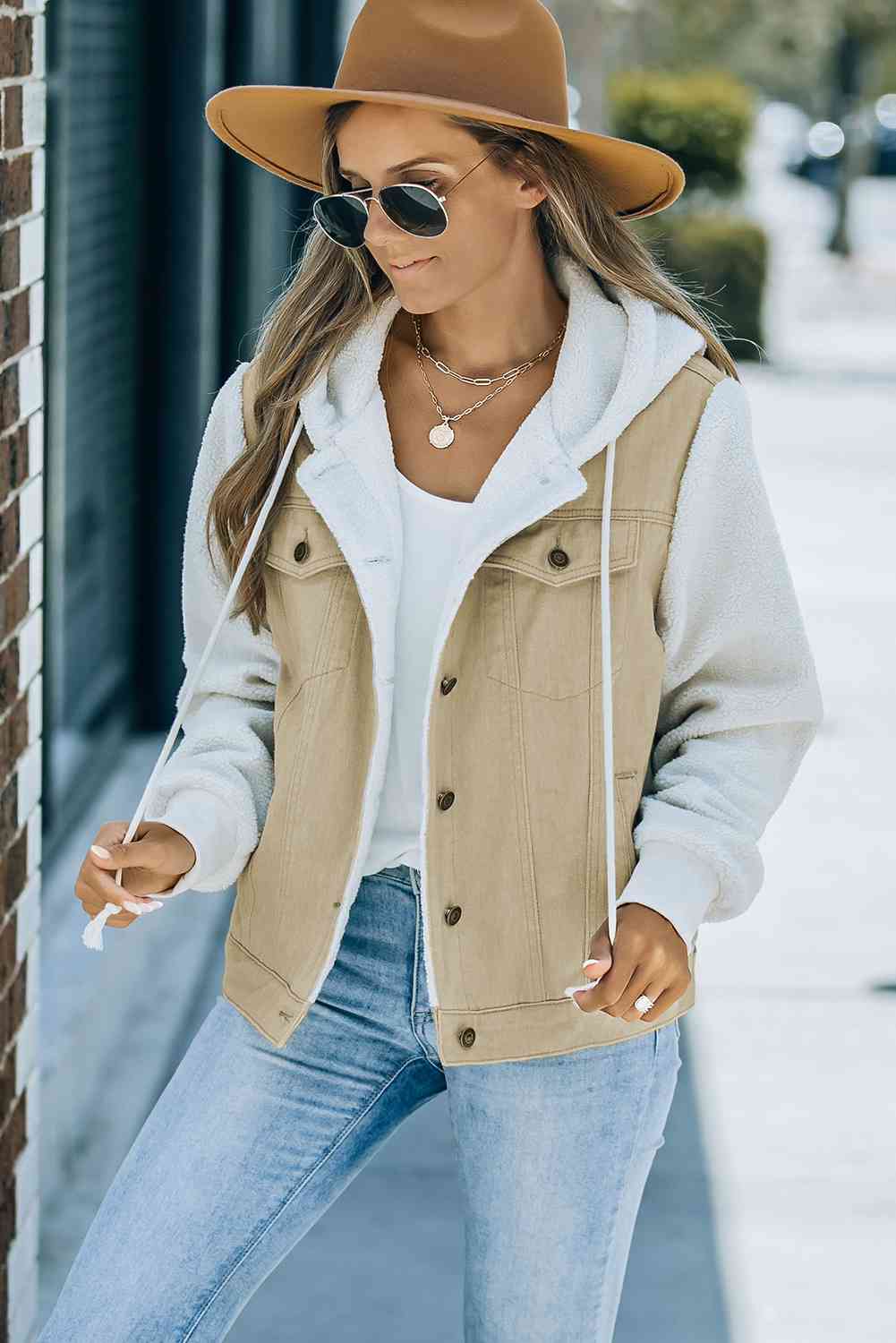 TFE: Two-Tone Spliced Denim Sherpa Hooded Jacket