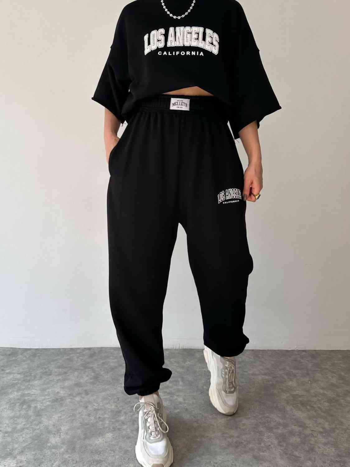 TFE: Matching sweatshirt and sweatpants set featuring LOS ANGELES CALIFORNIA graphic