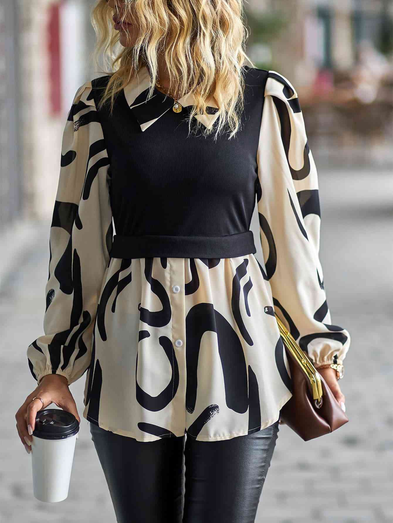 TFE: Duality Delight Two-Tone Long Puff Sleeve Blouse