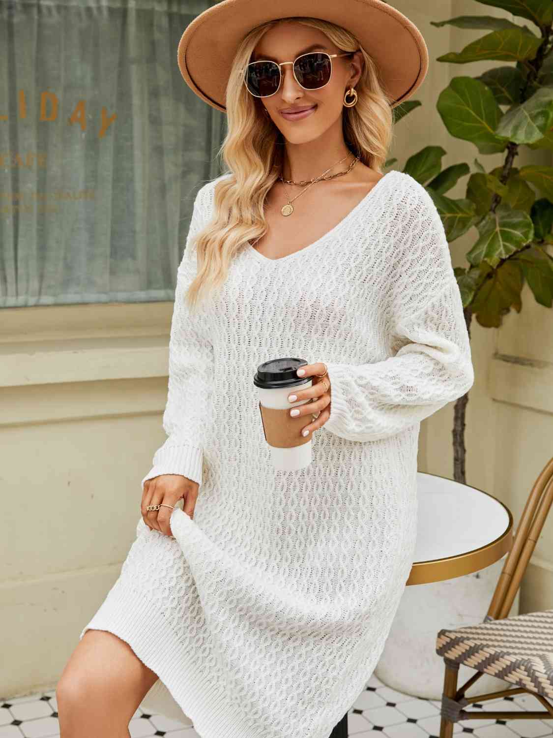 TFE: Svelte Serenity V-Neck Long Sleeve Sweater Dress