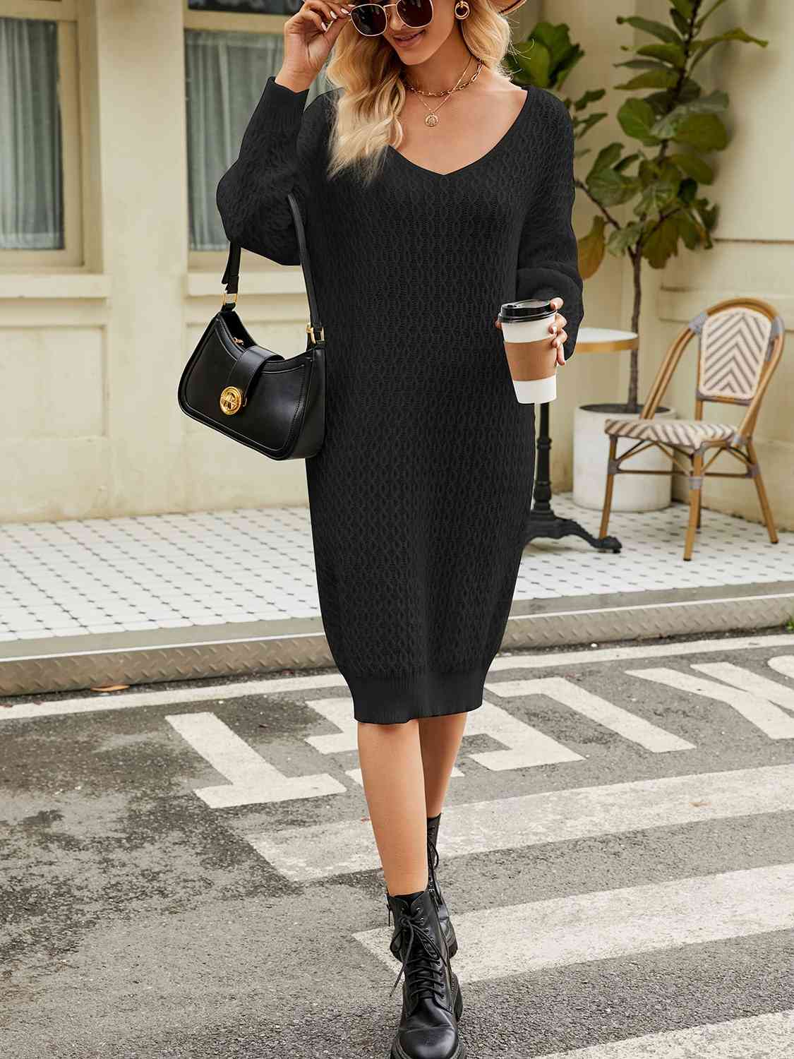 TFE: Svelte Serenity V-Neck Long Sleeve Sweater Dress