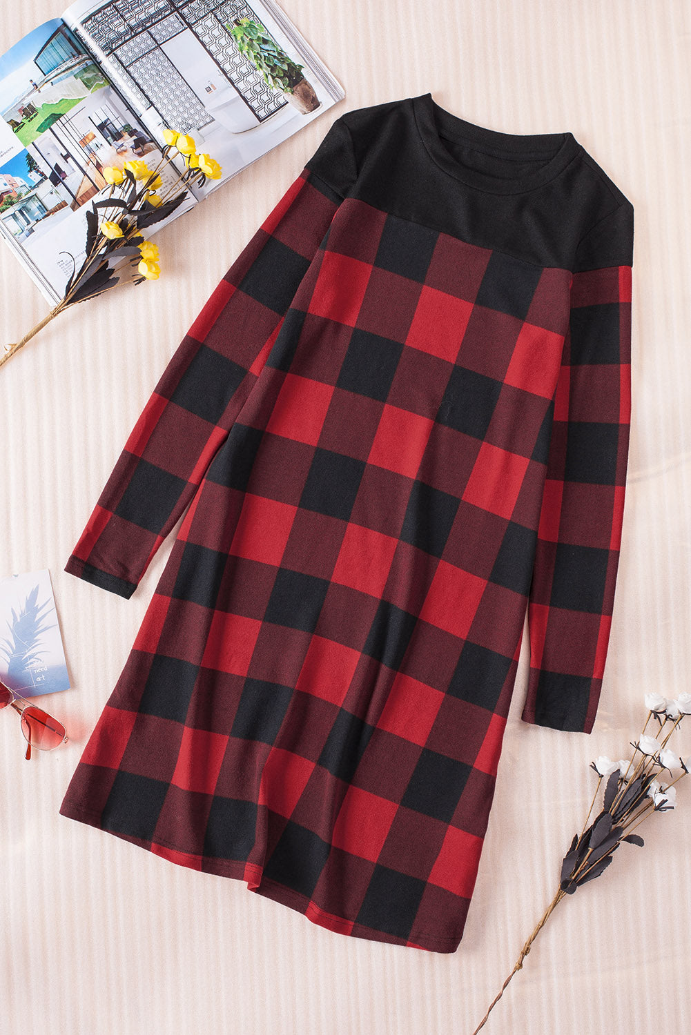 TFE: Checkered Round Neck Mini Dress with Long Sleeves