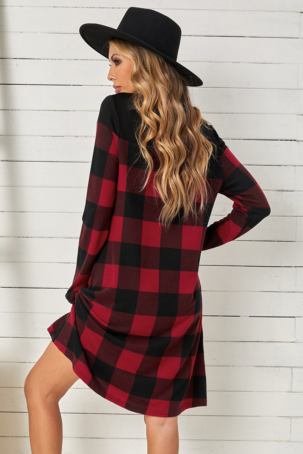 TFE: Checkered Round Neck Mini Dress with Long Sleeves