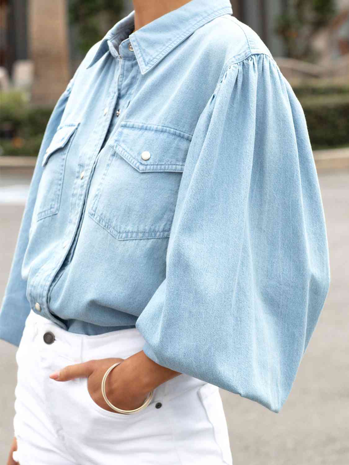 TFE: Snap Down Puff Sleeve Denim Top