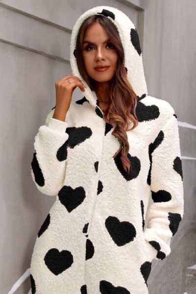 TFE: Fuzzy Heart Zip Up Hooded Lounge Jumpsuit