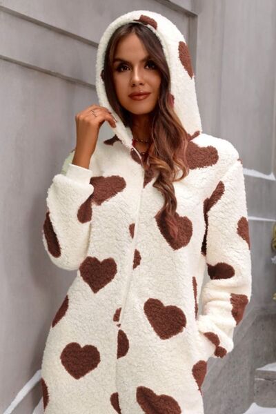 TFE: Fuzzy Heart Zip Up Hooded Lounge Jumpsuit