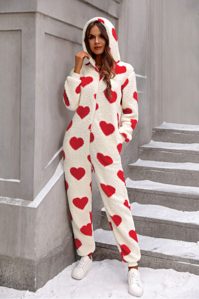 TFE: Fuzzy Heart Zip Up Hooded Lounge Jumpsuit