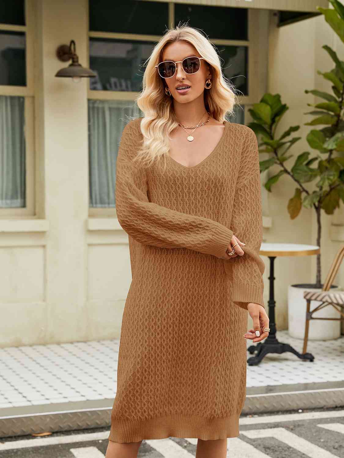 TFE: Svelte Serenity V-Neck Long Sleeve Sweater Dress