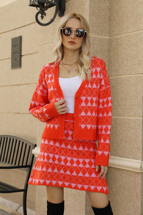 TFE: Geometric Button Front Cardigan and Skirt Set